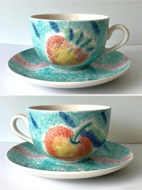 Vintage 1980s Hand Painted Cup & Saucer Set Colorful Pastel Fruit Berry Motif